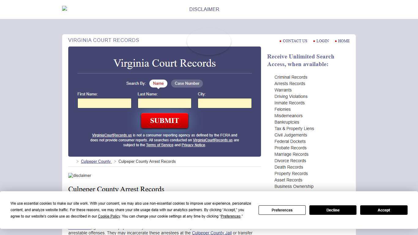 Culpeper County Arrest Records VirginiaCourtRecords.us