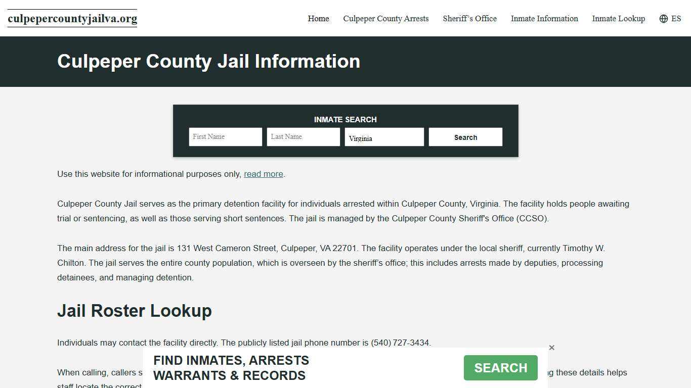 Culpeper County, VA Jail Roster, Inmate Info