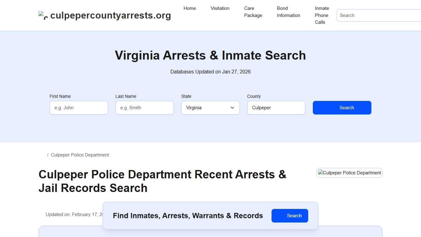 Culpeper Police Department, VA Arrests, Records, Jail Roster Lookup